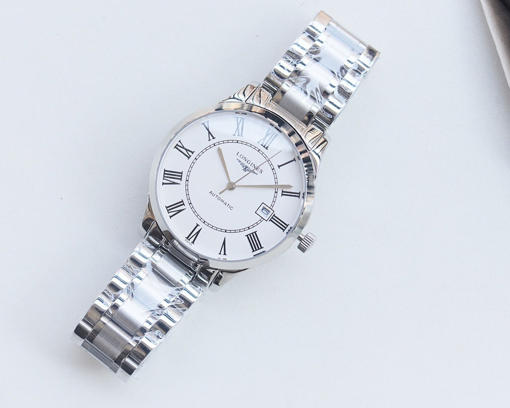 Longines stainless steel wristwatch with white dial and Roman numeral markers