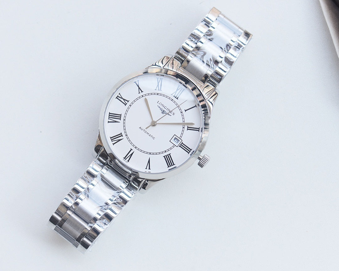 Longines stainless steel wristwatch with white dial and Roman numeral markers