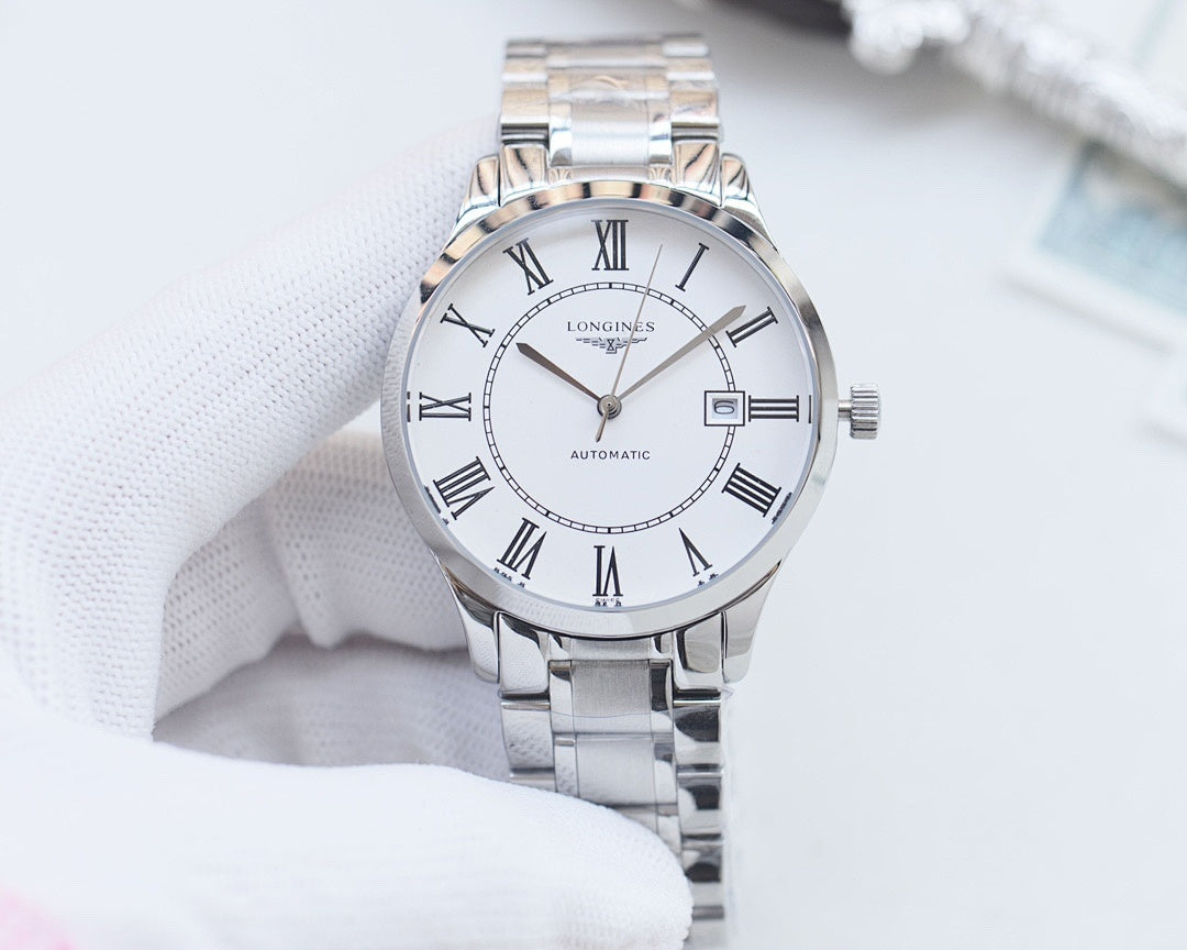 Longines stainless steel wristwatch with white dial, Roman numeral chapter ring