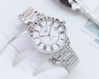 Longines two-tone metal wristwatch with white dial and gold hands, Roman numerals