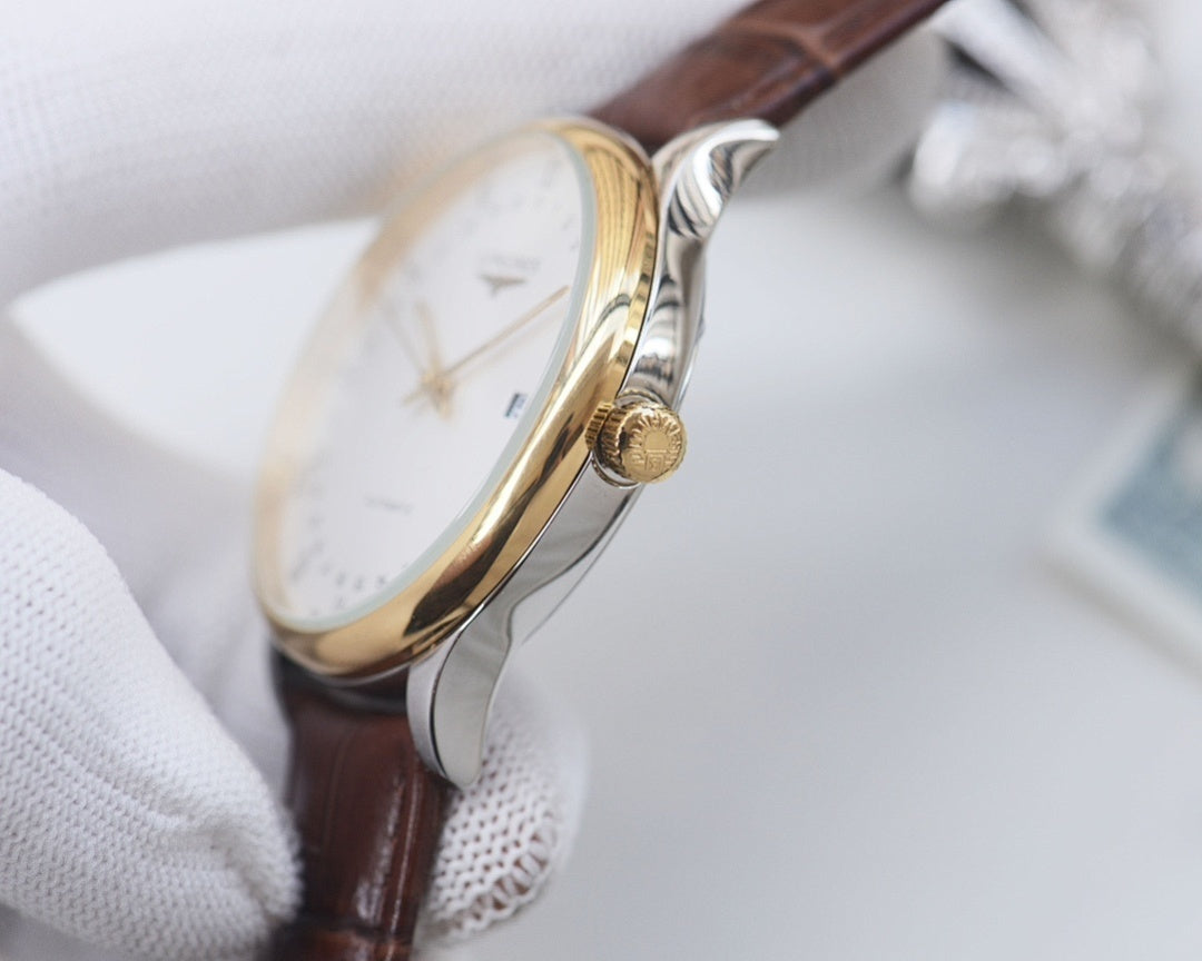Longines wristwatch with brown leather strap and gold-toned case, side profile