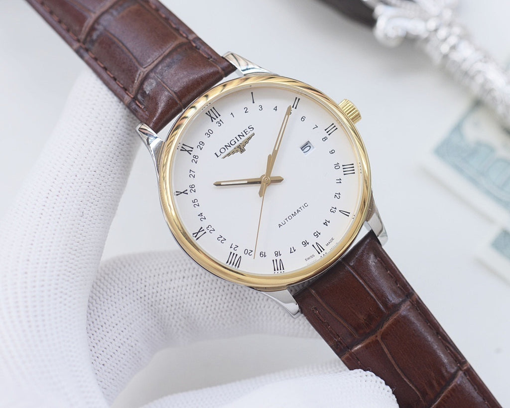 Longines wristwatch with brown leather strap and gold-toned case, white dial