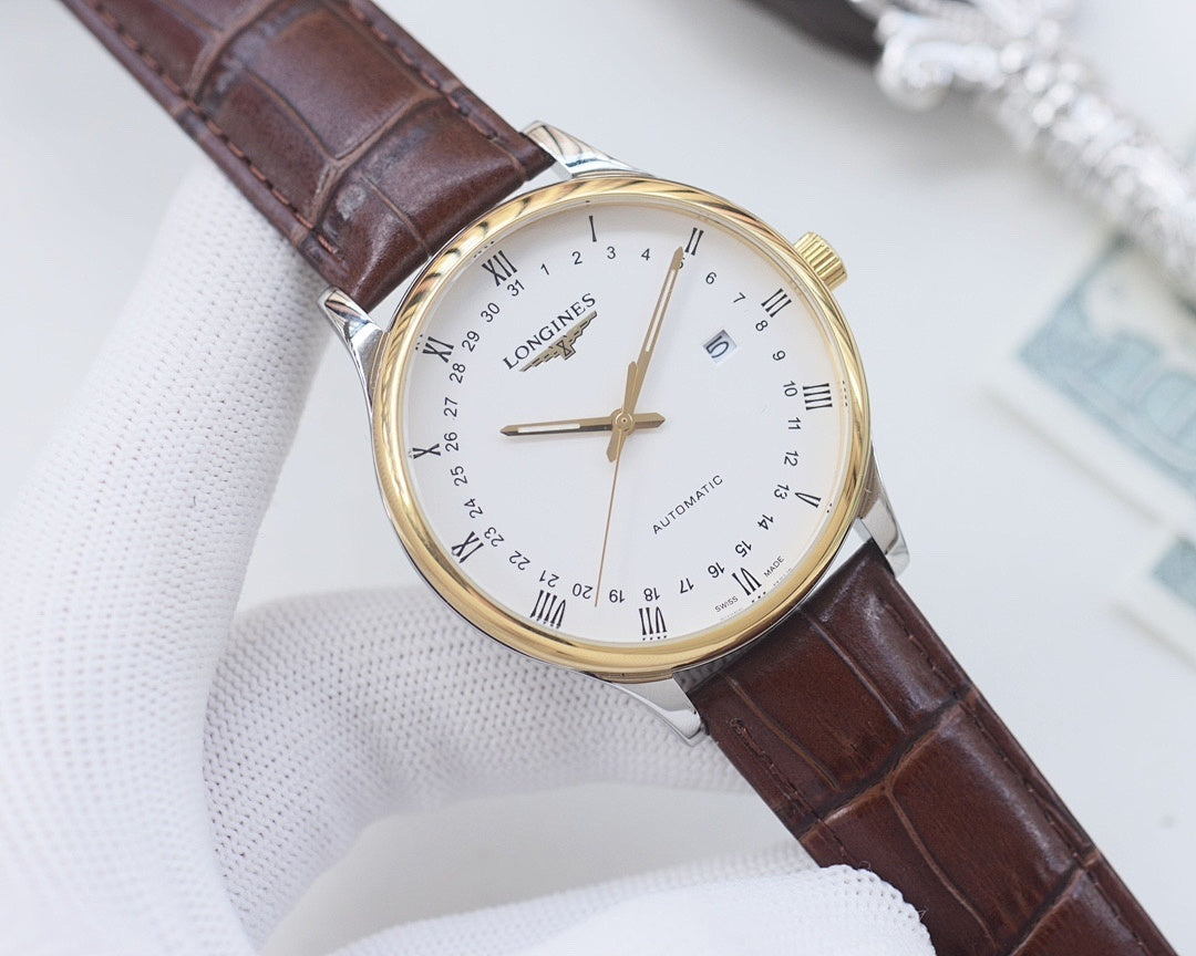 Longines wristwatch with brown leather strap and gold-toned case, white dial