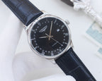 Longines wristwatch with dark blue leather strap and black dial, silver-toned case