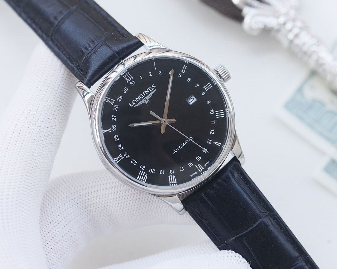 Longines wristwatch with dark blue leather strap and black dial, silver-toned case