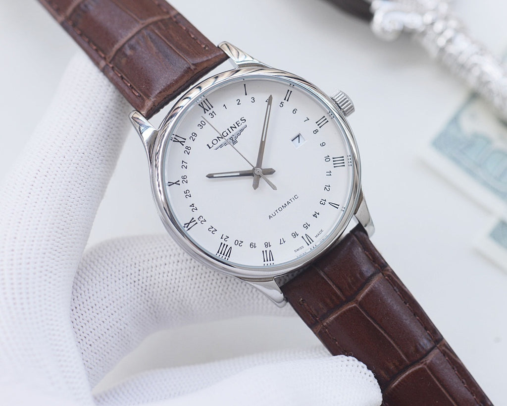Longines wristwatch with brown leather strap and silver case, white dial