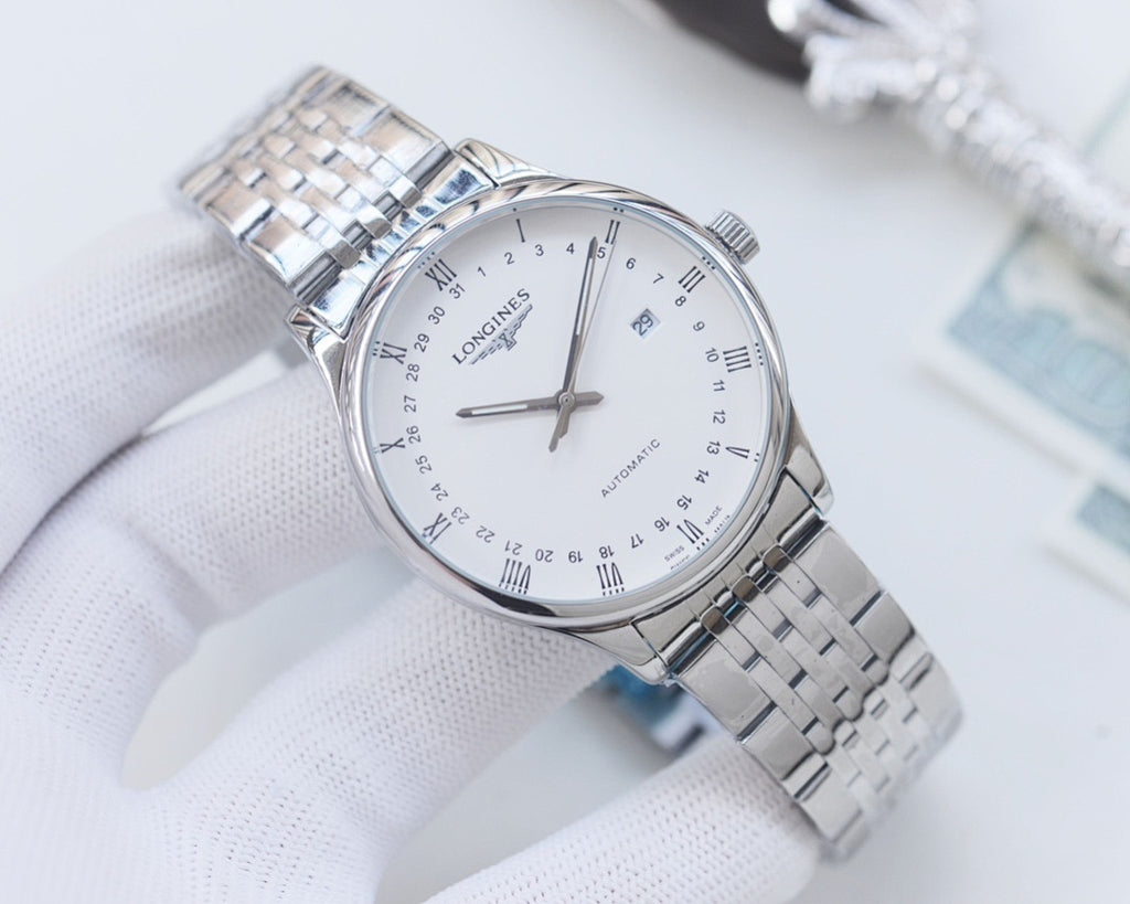 Longines wristwatch with silver metal bracelet and white dial, slim round case