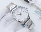 Longines wristwatch with silver metal bracelet and white dial, slim round case