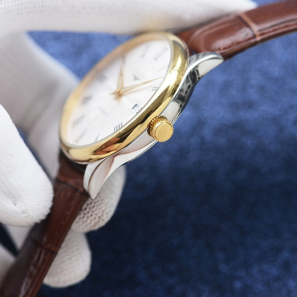 Longines watch crown and case close-up, gold-toned, brown leather strap