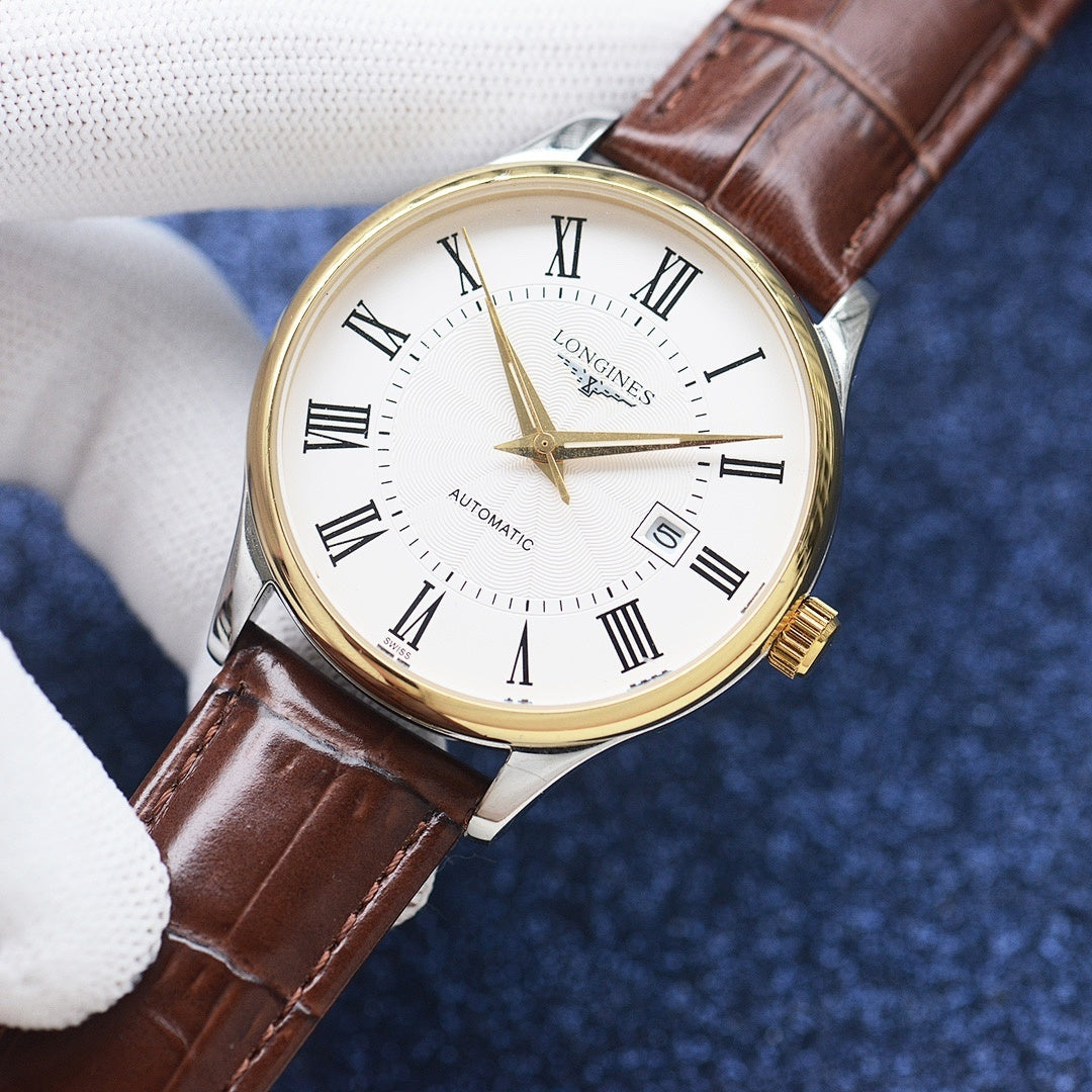 Longines automatic wristwatch with gold bezel, white dial, brown leather strap, Roman numerals