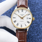 Longines automatic wristwatch with gold bezel, white dial, brown leather strap, date window