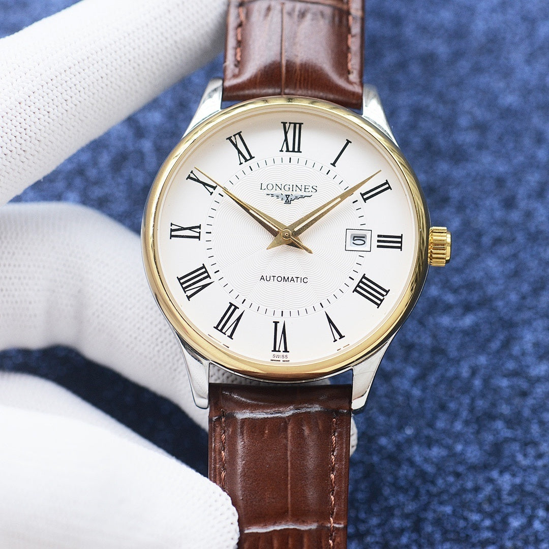 Longines automatic wristwatch with gold bezel, white dial, brown leather strap, date window