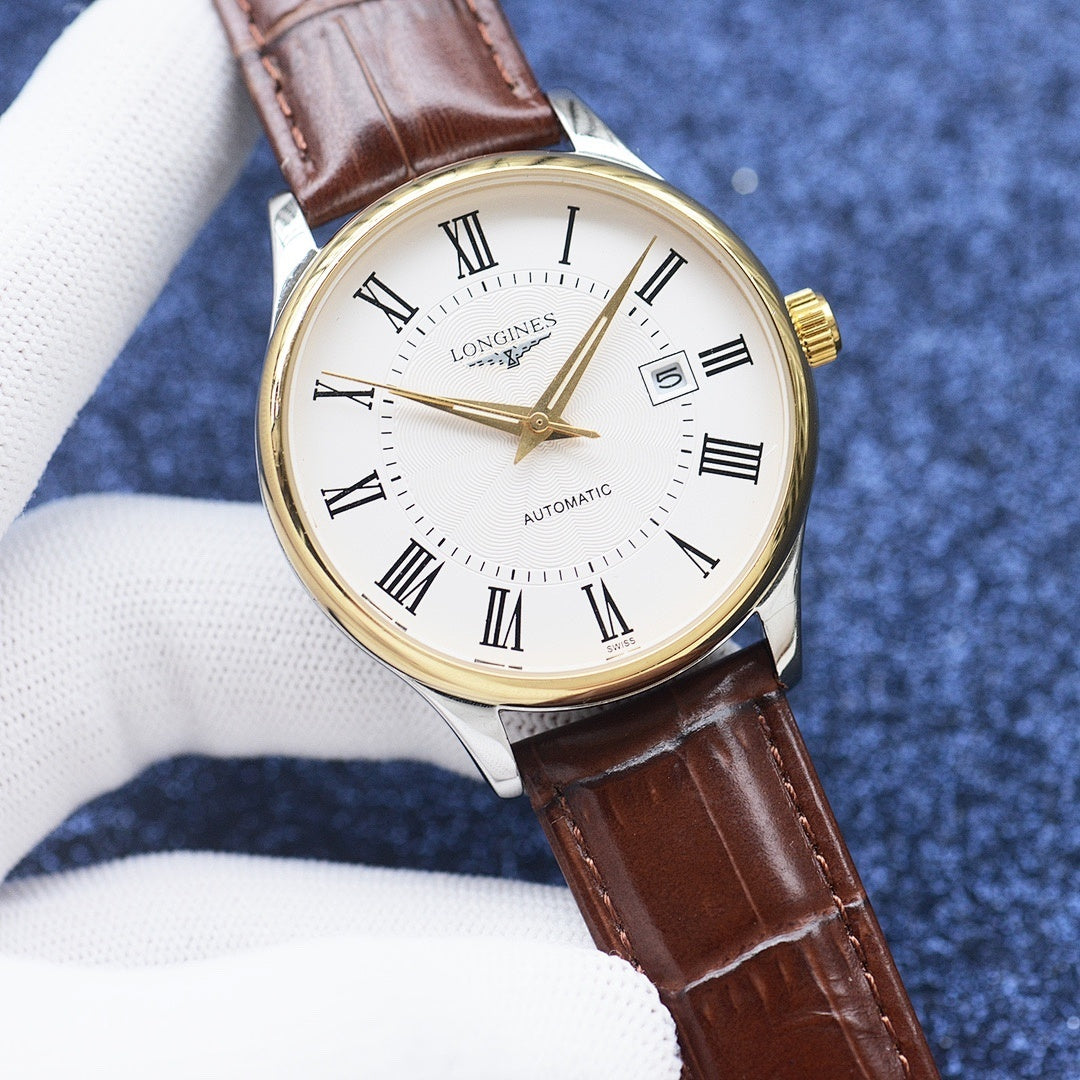 Longines automatic wristwatch with gold bezel, white dial, brown leather strap