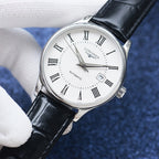 Longines automatic wristwatch with silver bezel, white dial, black leather strap