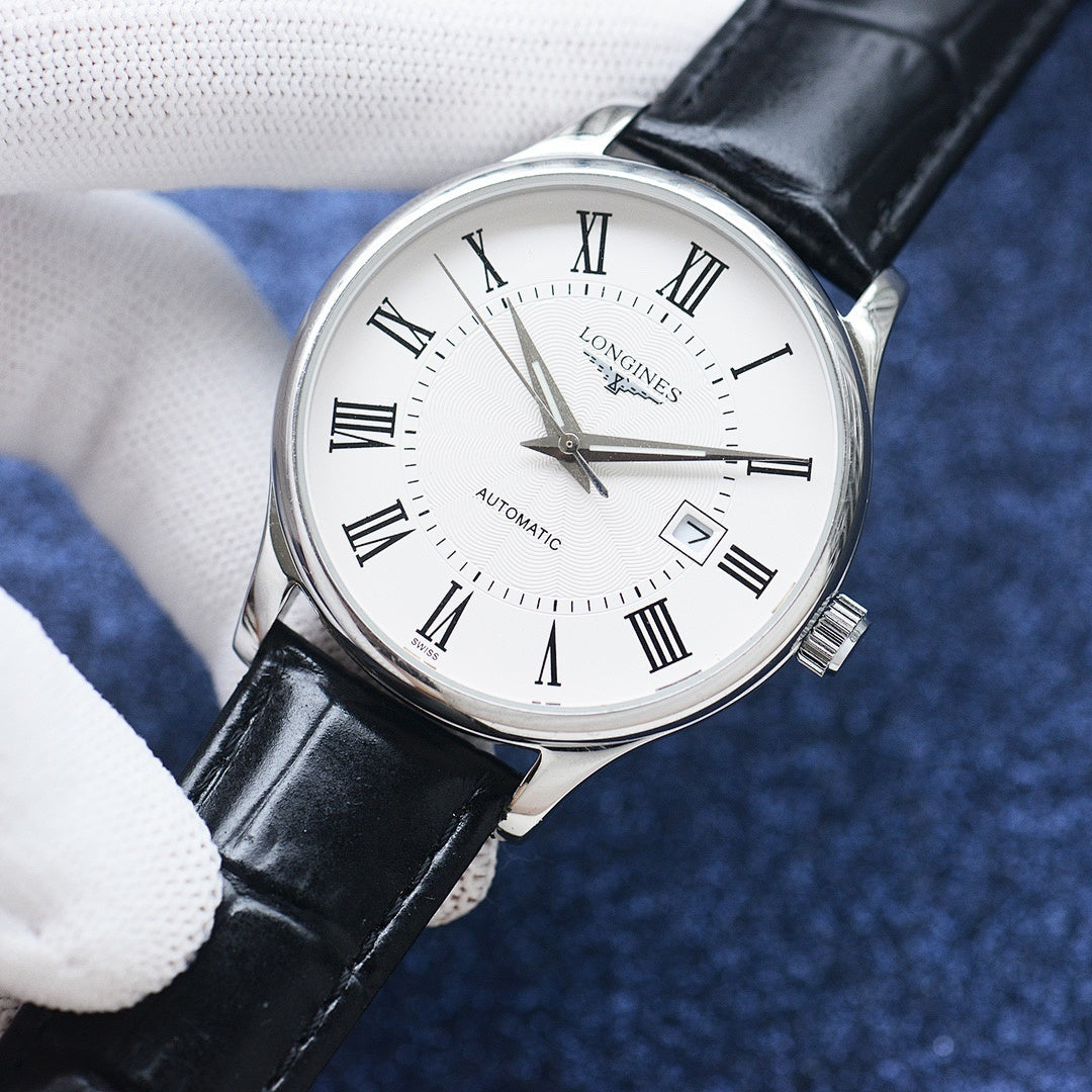 Longines automatic wristwatch with silver bezel, white dial, black leather strap