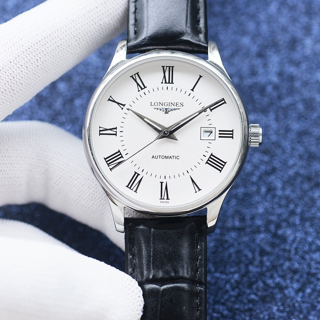 Longines automatic wristwatch with silver bezel, white dial, black leather strap, Roman numerals