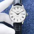 Longines automatic wristwatch with silver bezel, white dial, black leather strap, Roman numerals