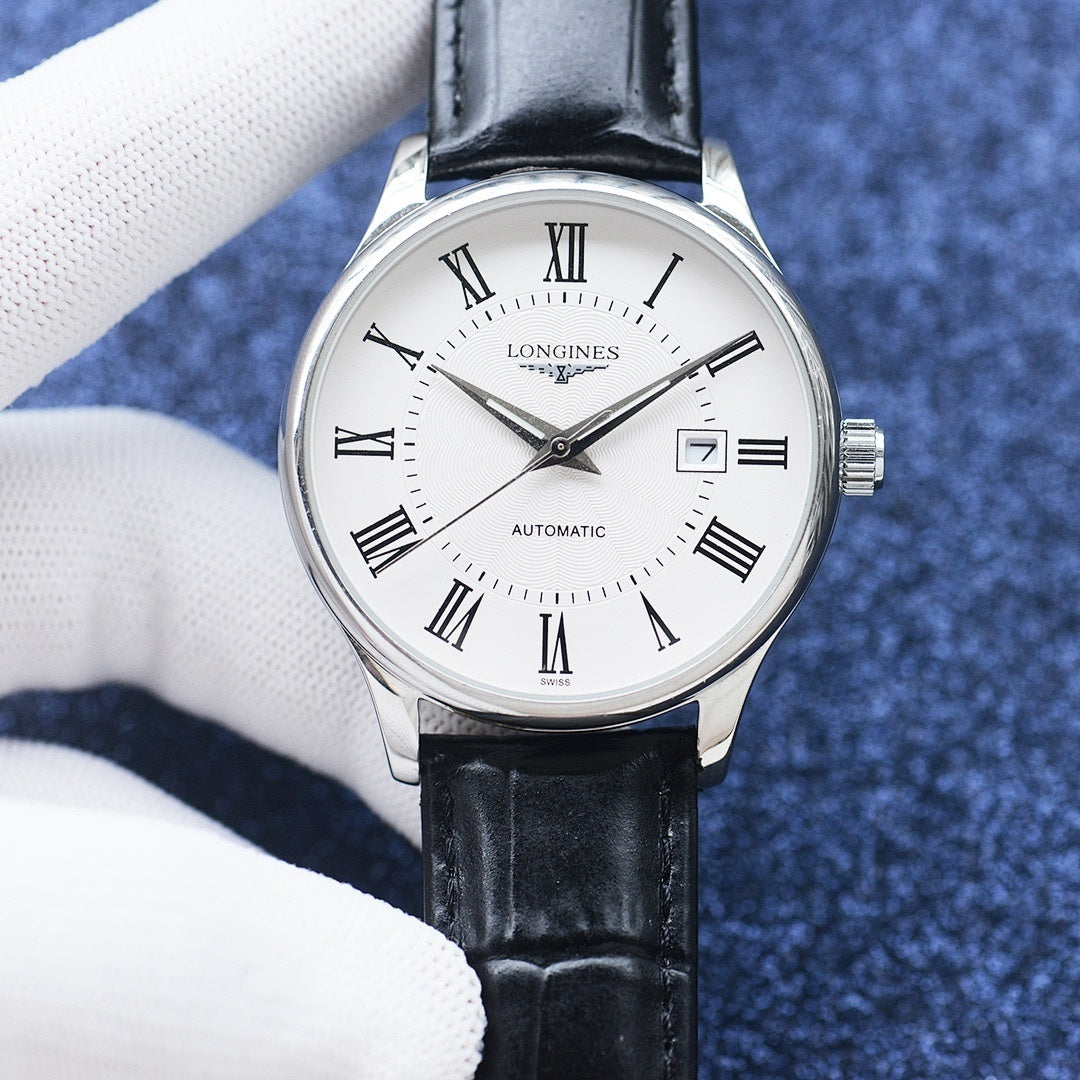 Longines automatic wristwatch with silver bezel, white dial, black leather strap, Roman numerals