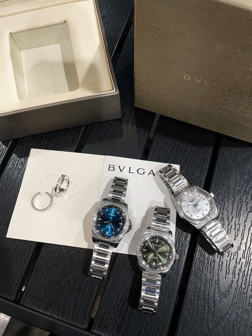 Stainless steel wristwatch display with blue and green dial models on booklet