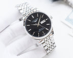 Longines watch with black dial and silver stainless steel bracelet