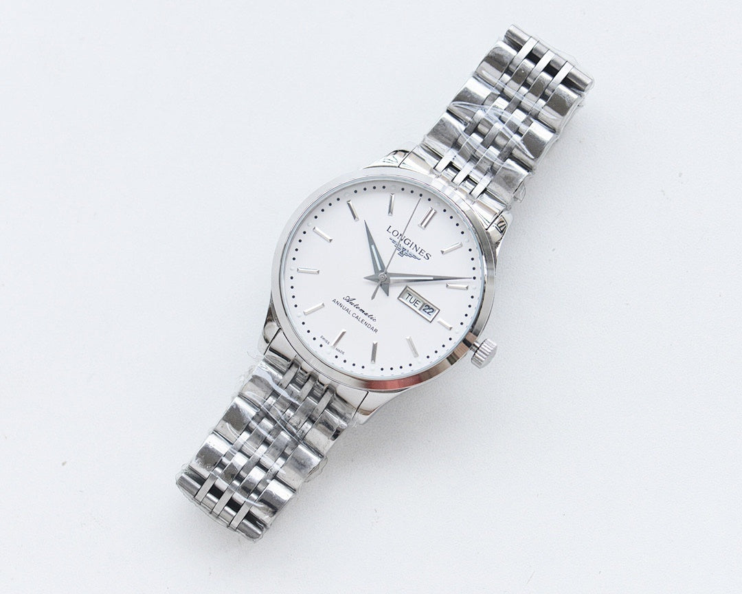 Longines watch with white dial and silver stainless steel bracelet