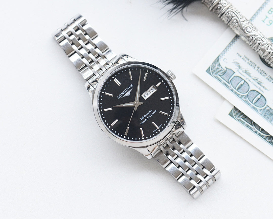 Longines watch with black dial and silver stainless steel bracelet