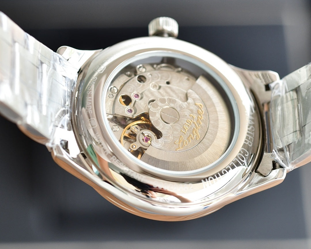 Longines watch caseback showing visible automatic movement through open back