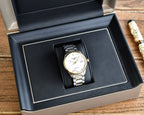 Longines watch in a presentation box with two-tone metal bracelet