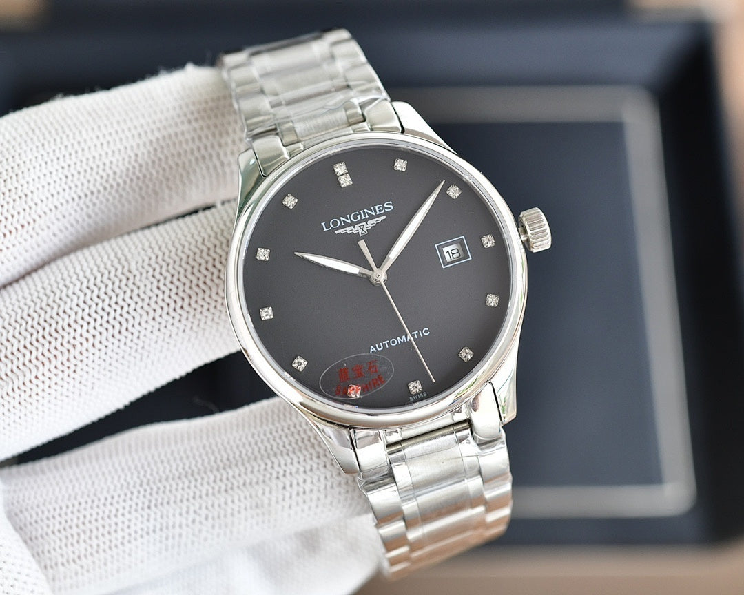 Longines watch with dark dial, silver-tone case, and two-tone metal bracelet