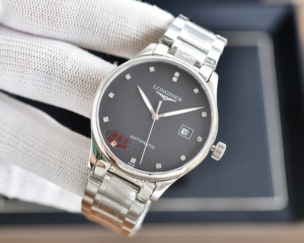 Longines watch with dark dial, silver-tone case, and two-tone bracelet