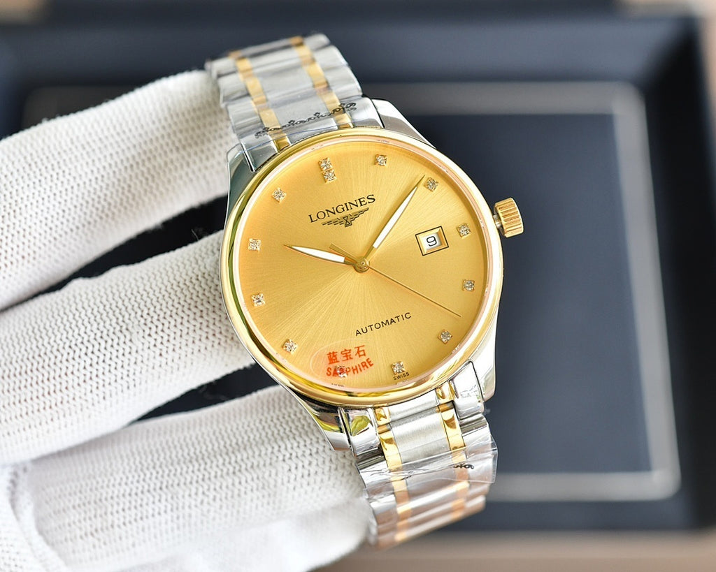 Longines watch with gold-tone dial, gold hands, and two-tone metal bracelet