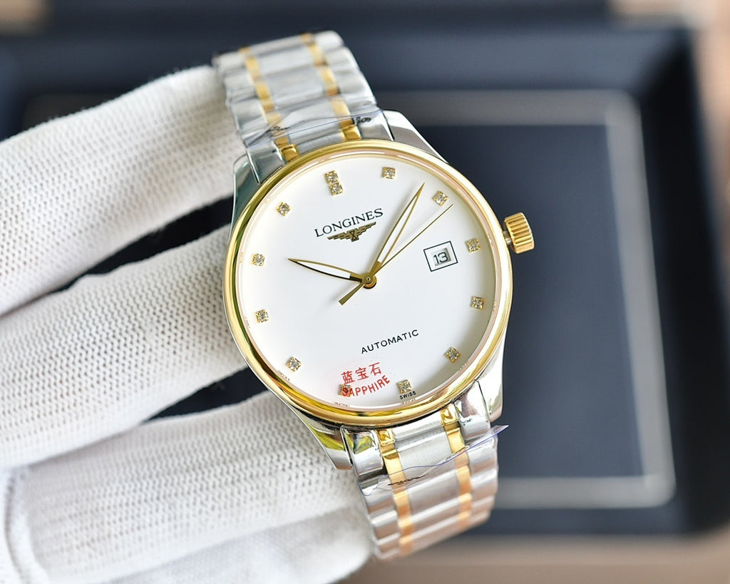 Longines watch with gold-tone bezel, white dial, and two-tone metal bracelet