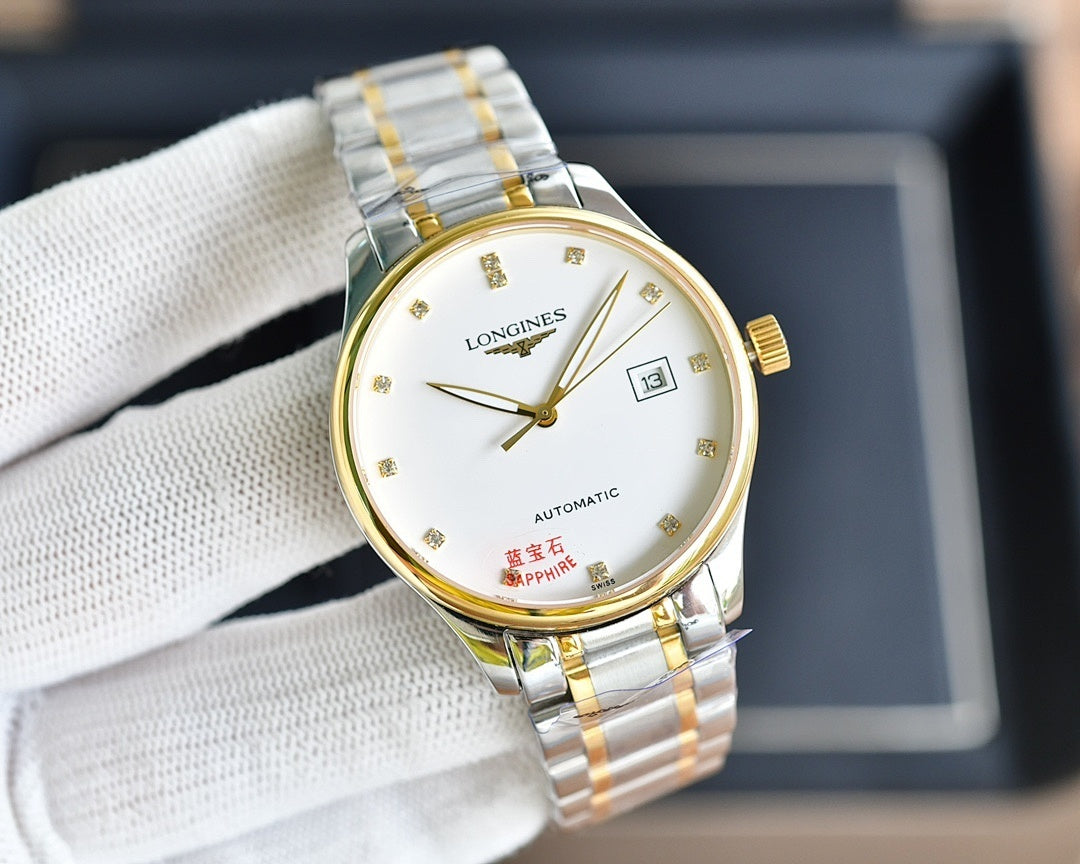 Longines watch with gold-tone bezel, white dial, and two-tone metal bracelet