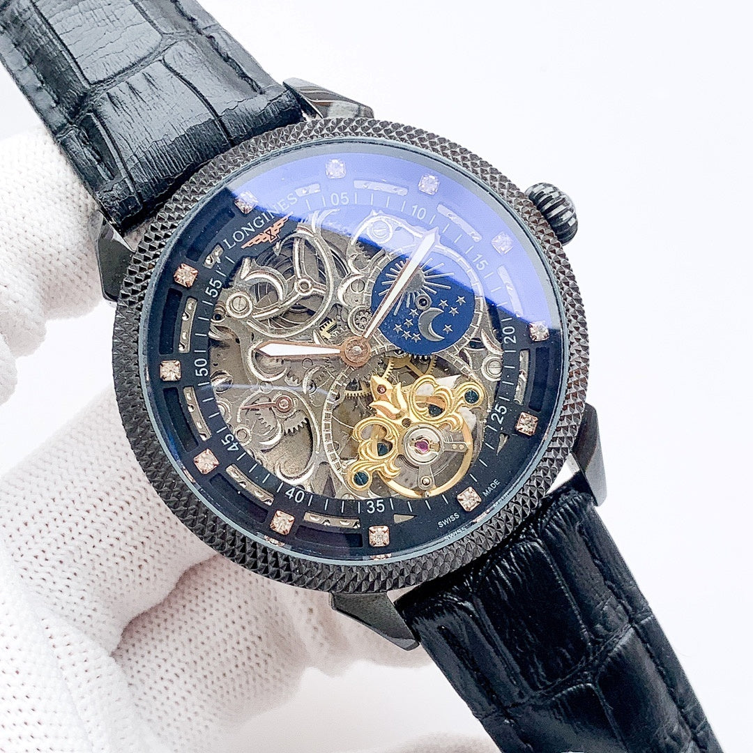 Mechanical skeleton watch with black leather strap, blue dial, gold and silver gears