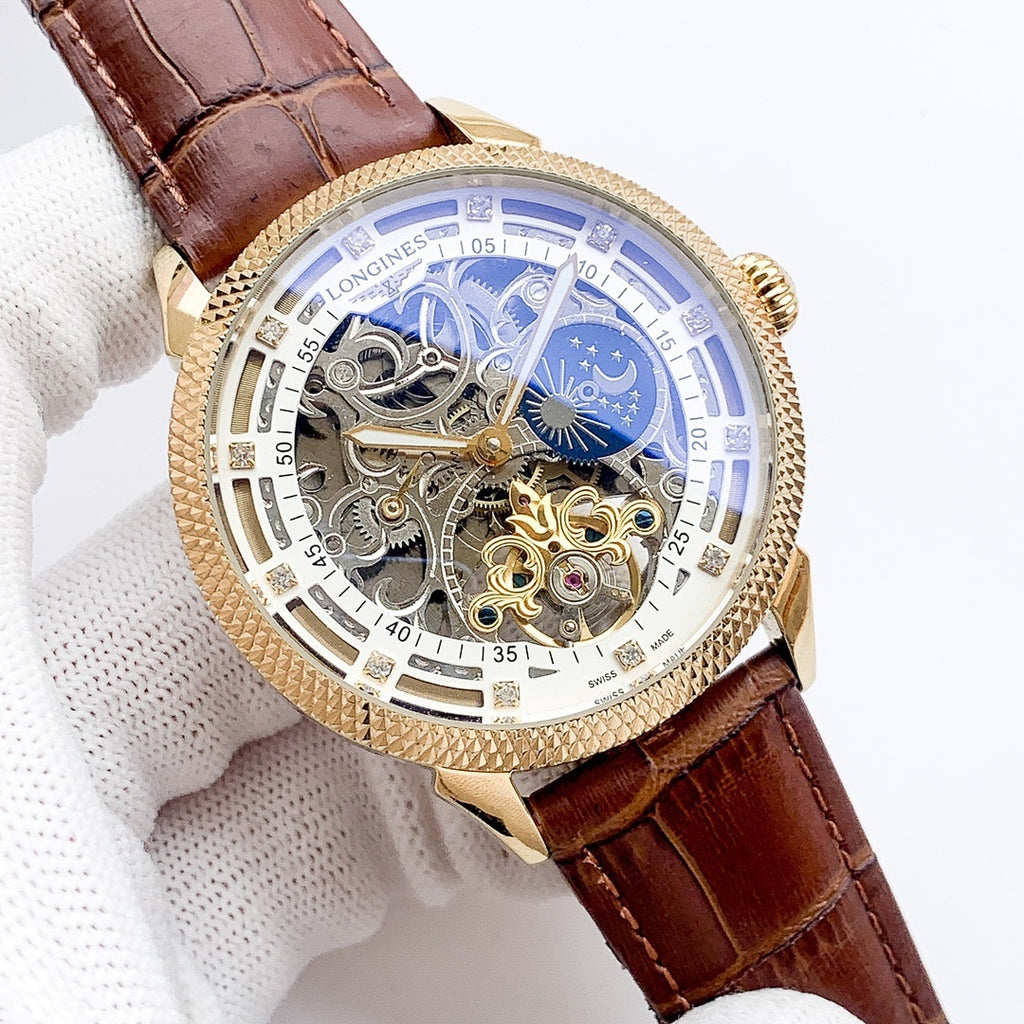 Rose-gold skeleton watch with brown leather strap and blue moon phase dial