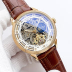 Rose-gold skeleton watch with brown leather strap and blue moon phase dial