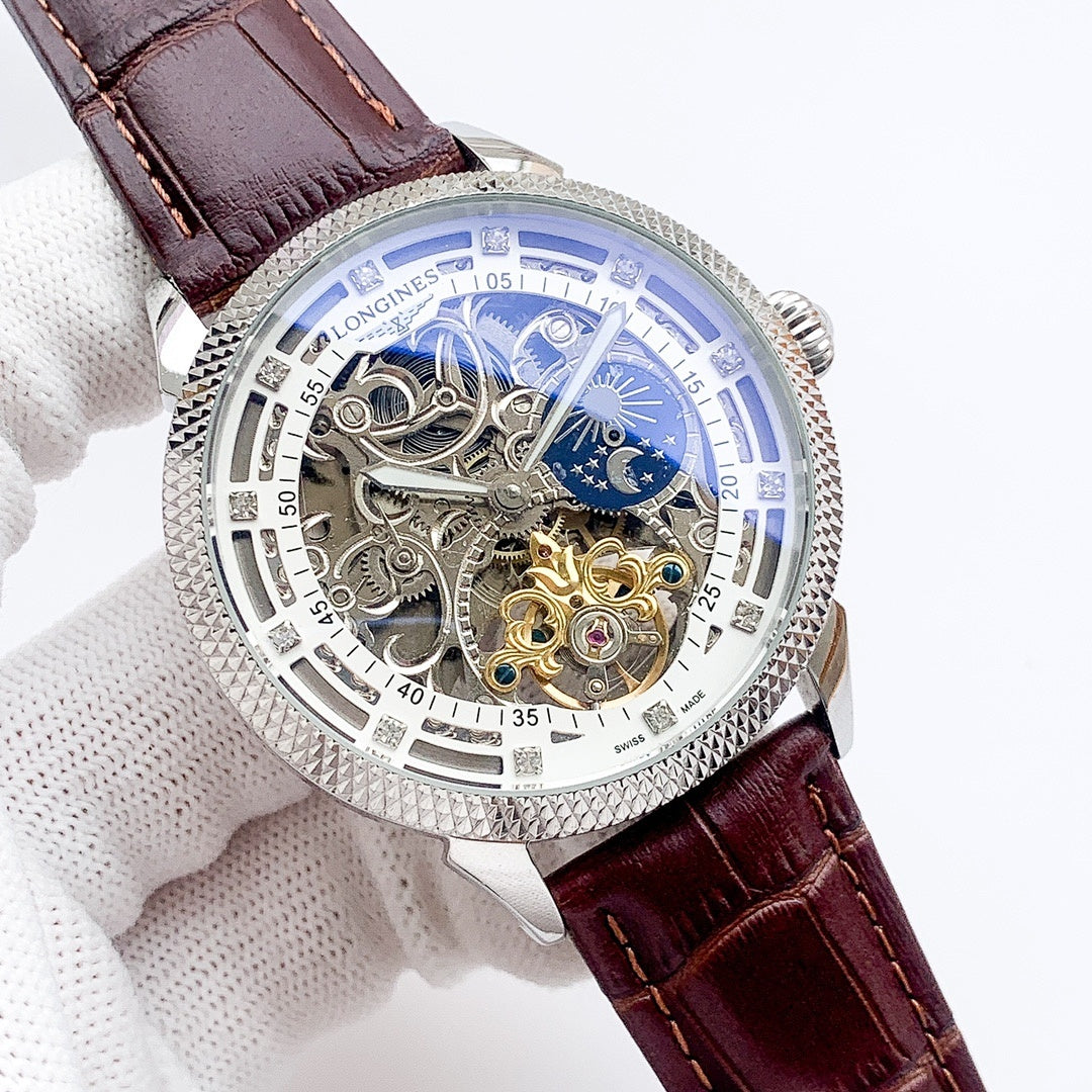 Skeleton watch with dark red-brown leather strap, silver case, blue moon phase dial