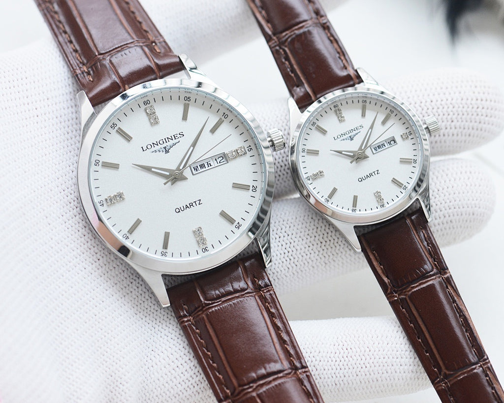 Longines quartz watch with silver-tone case, white dial, brown leather strap, date window