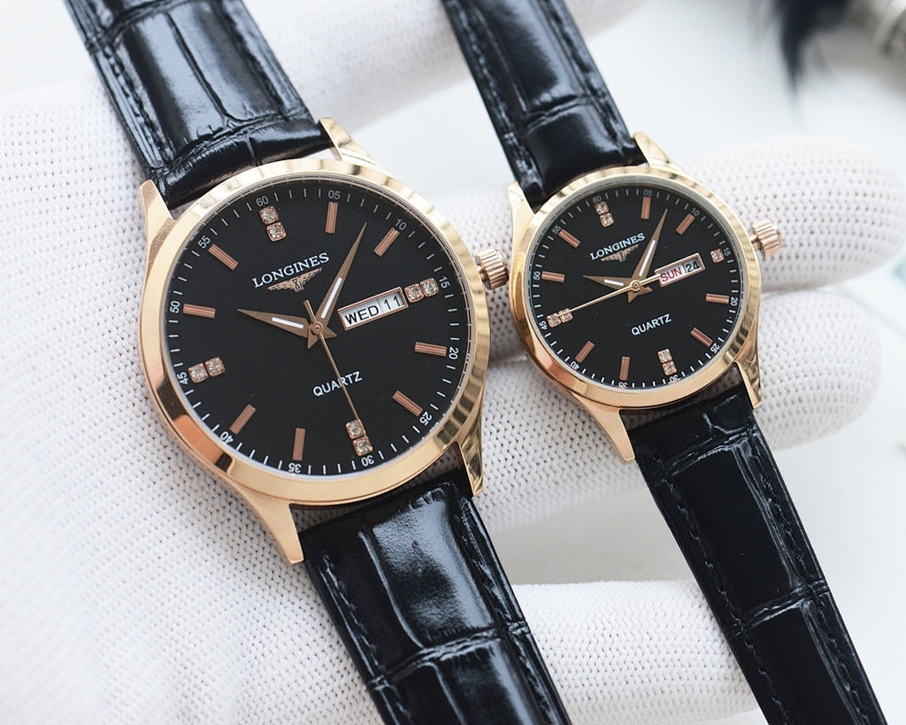 Longines quartz watch with rose gold-tone case, black dial, black leather strap, Wed date