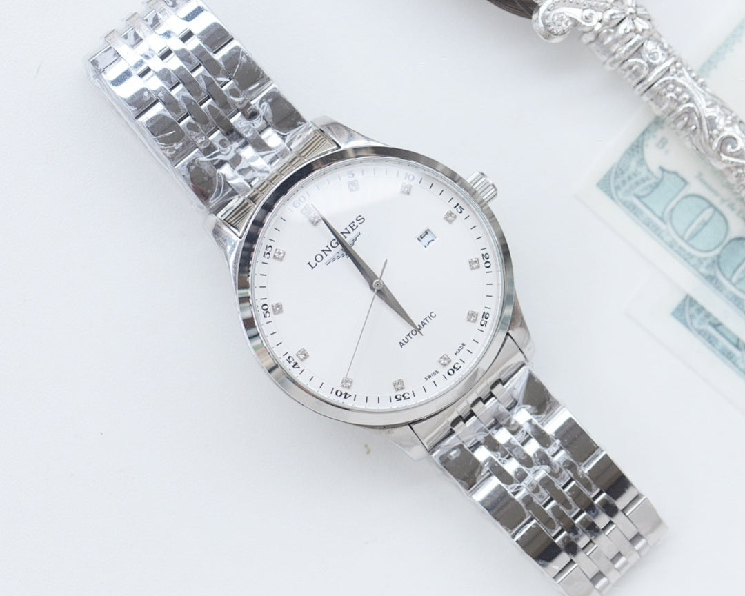 Stainless steel Longines wristwatch with white dial and metal link bracelet.