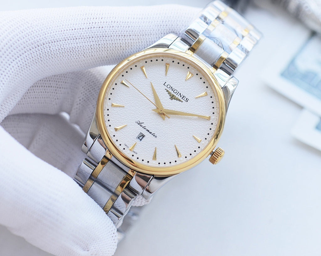 Longines wristwatch, light dial with gold-tone hands, silver-and-gold bracelet.