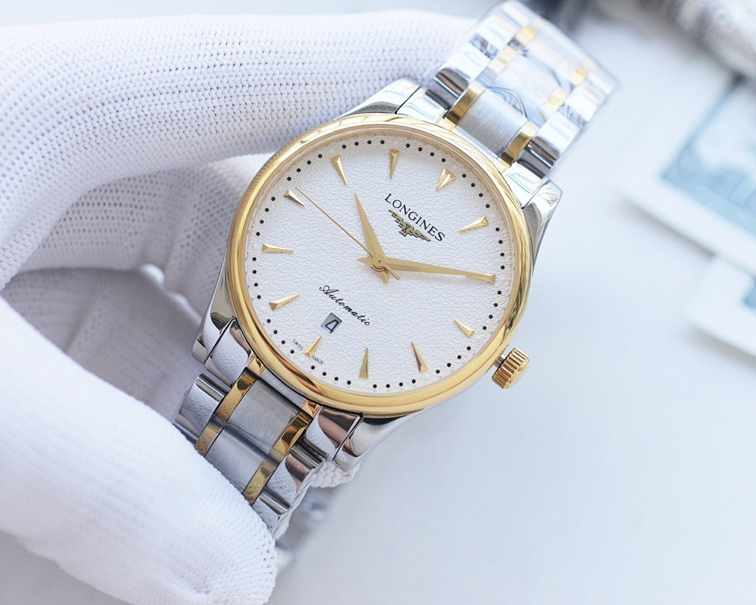 Longines wristwatch, light dial with gold-tone hands, silver-and-gold bracelet.