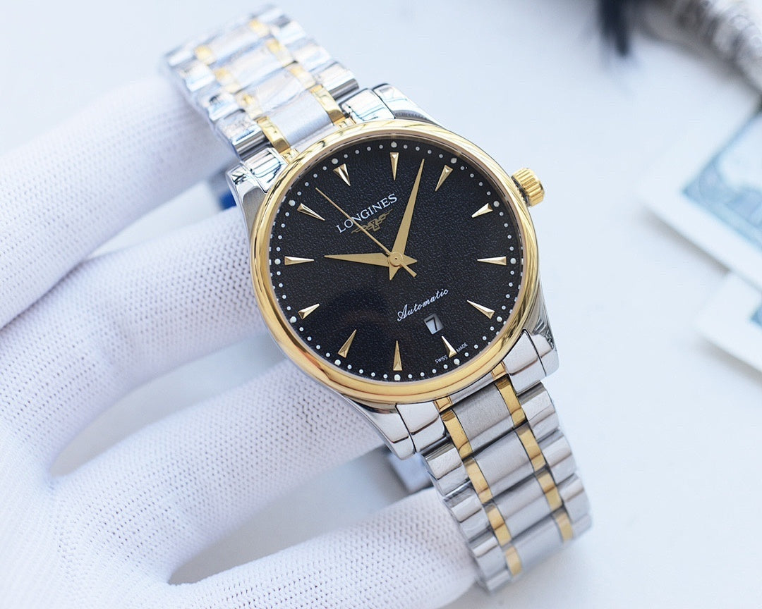 Longines wristwatch, dark dial with gold-tone bezel, silver-and-gold metal bracelet.