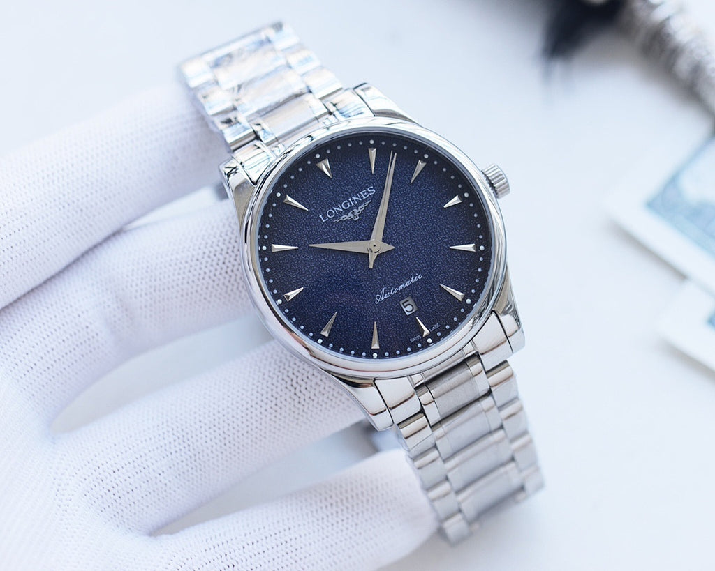 Longines wristwatch, dark dial, silver case, metal bracelet with round bezel.