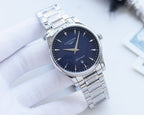 Longines wristwatch, dark dial, silver case, metal bracelet with round bezel.