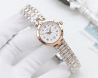 Two-tone Longines watch with white dial, roman numerals, and rose-gold bezel