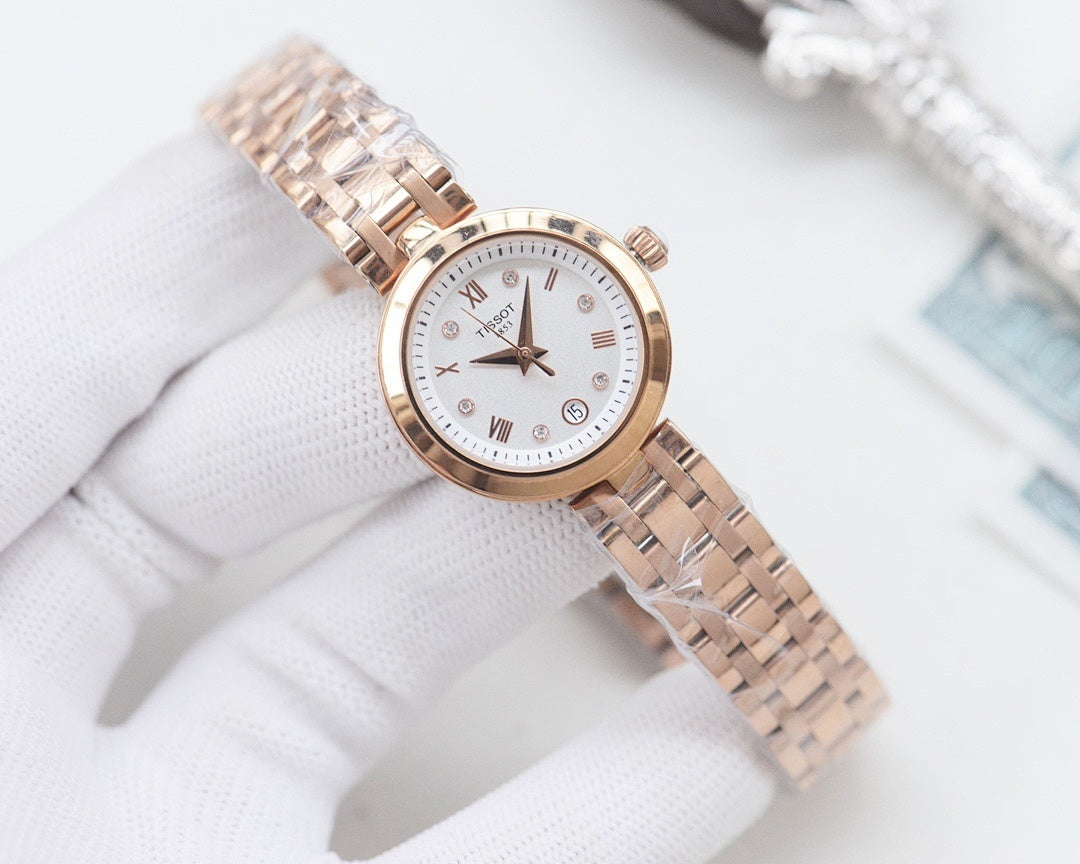 Rose-gold dial Longines watch on metal mesh bracelet with roman numeral markers