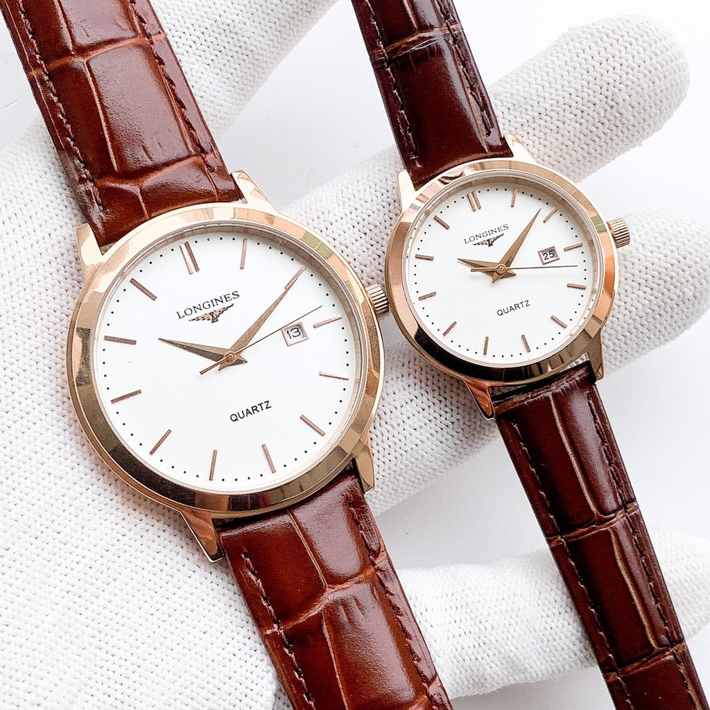 Longines quartz watch with white dial and brown leather strap