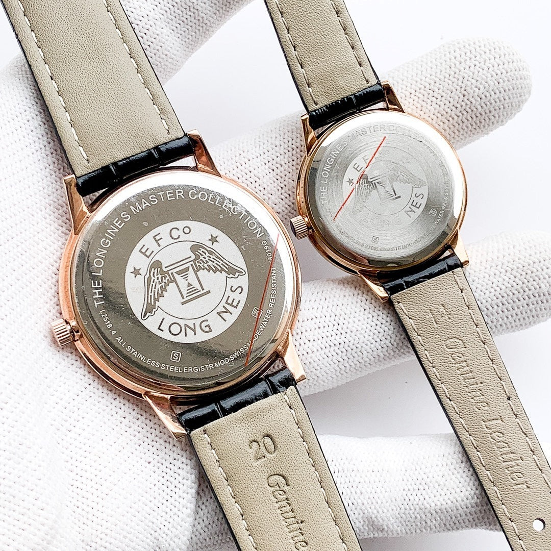 Longines quartz watch caseback with logo, rose-gold finish, on beige leather strap