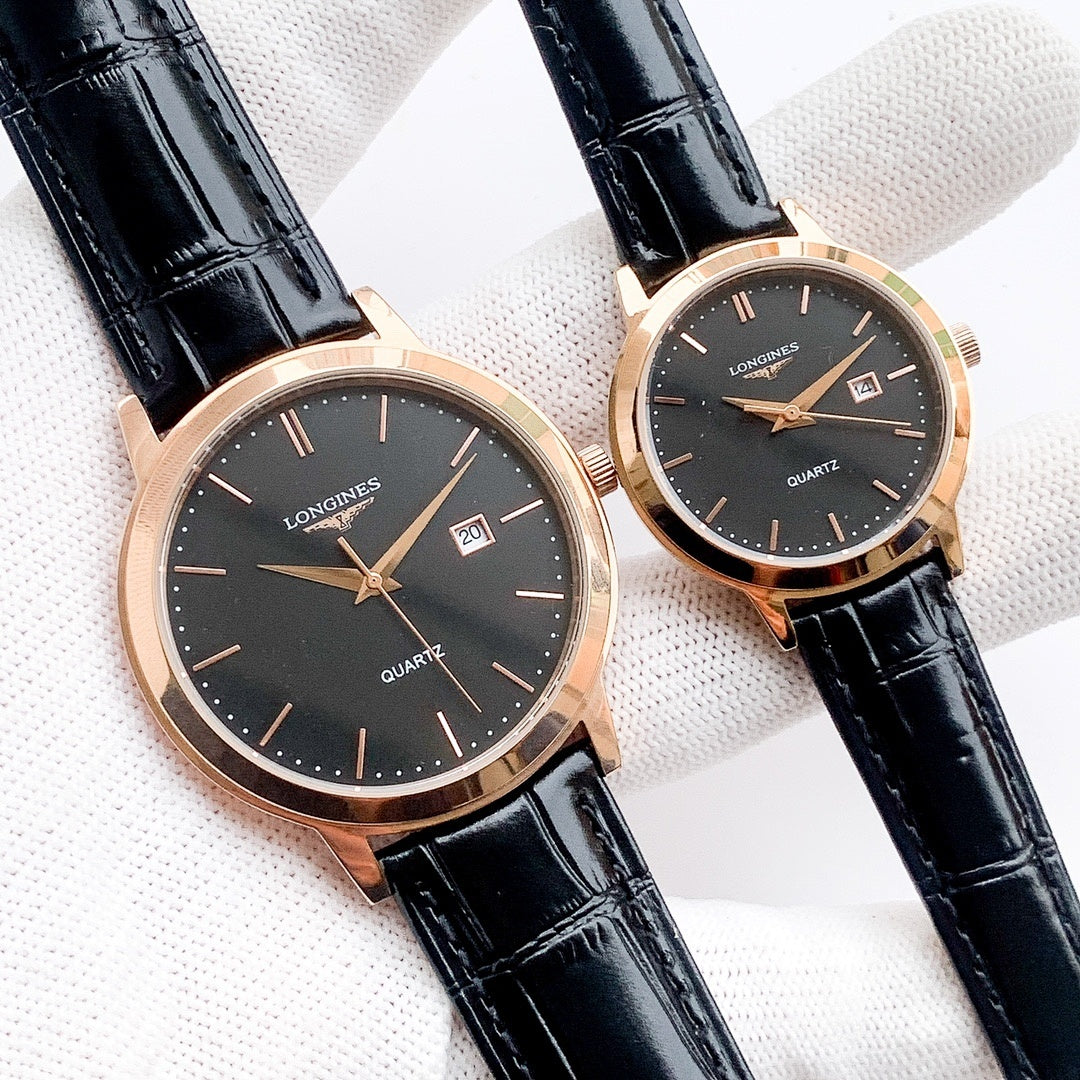 Longines quartz watch with black dial and black leather strap, rose-gold case